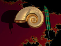 Ammonit auf Fraktalgrund mit Feder von Frank Siegling
